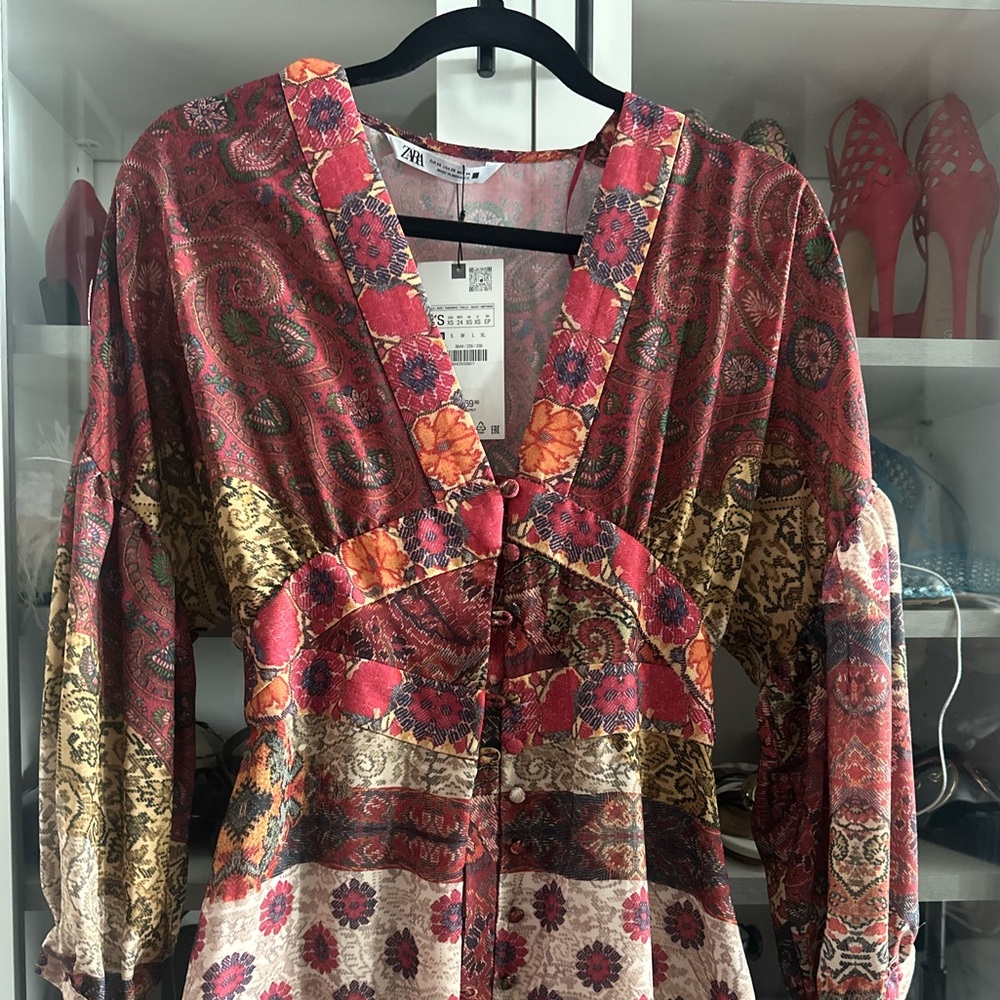 ZARA PATCHWORK PRINT BALLOON SLEEVES MIDI DRESS size XS Bohemian Maxi Dress - Picture 5 of 10